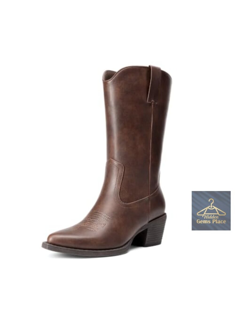 Faux Leather Women's Cowboy Cowgirl Mid-Calf Boots Pull-On Square Toe
